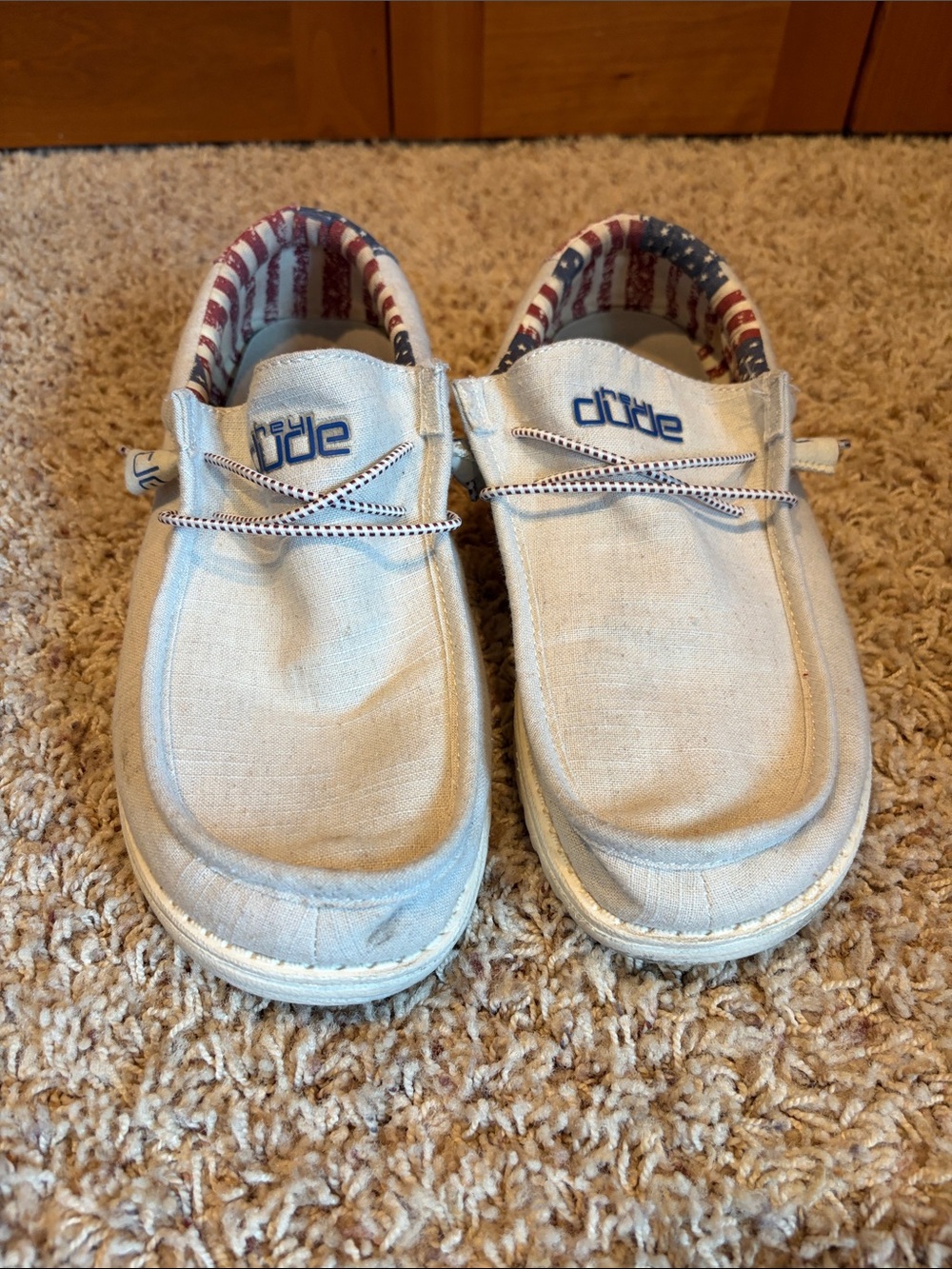 Hey Dude Mens Canvas Slip-On Moccasins in Light Beige with Navy Accents
